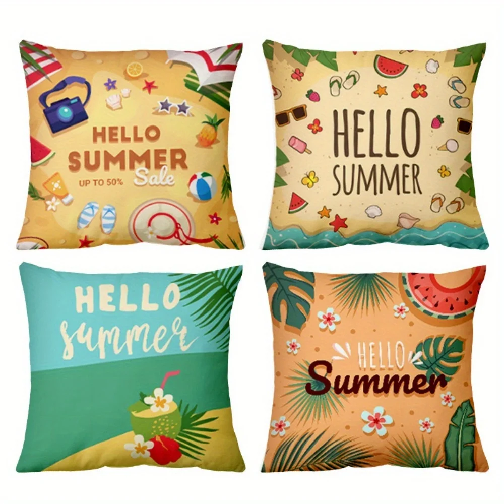 4pcs Hello Summer Beach Pillow Covers Suitable for garden courtyard sofa chair decoration cushion cover, gift, pillowcase only