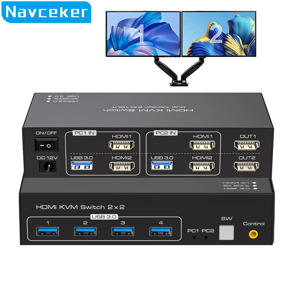 2X2 KVM Switch Dual Monitor 4k 144Hz HDMI 2.1 KVM Switch Extended Display HDMI DisplayPort USB 3.0 KVM Switch 2 in 2 out for PC