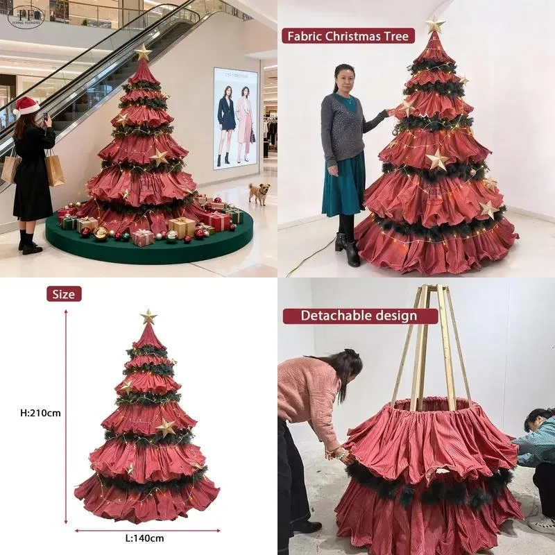 Large artificial vertical fabric Christmas tree, pluggable LED lights, removable design, high-quality handmade,