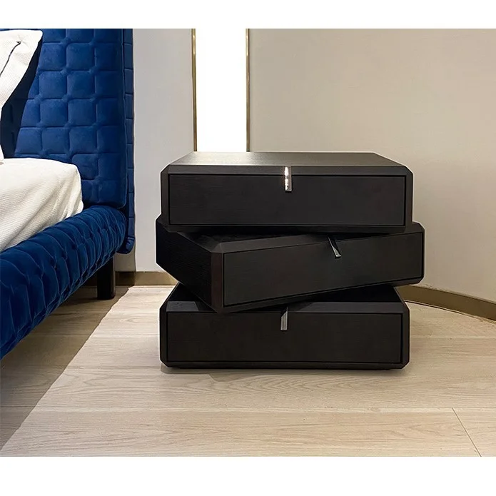 Nordic Modern Country Rotating Night Stand with Storage Drawers Wood Veneer Nightstand Swivel Bedside Table