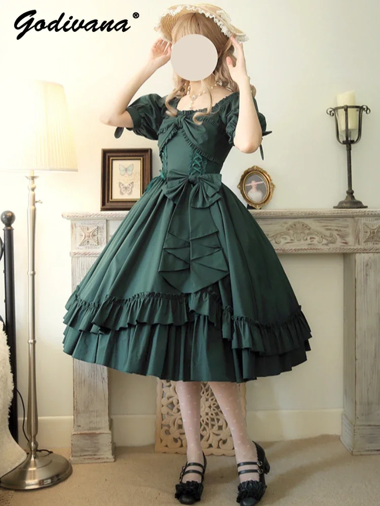 New Autumn Solid Color Lolita OP Dress Elegant Women\'s French Style Big Bow Ruffled Short Sleeve Slim Princess Calf-length Dress