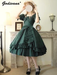 New Autumn Solid Color Lolita OP Dress Elegant Women's French Style Big Bow Ruffled Short Sleeve Slim Princess Calf-length Dress