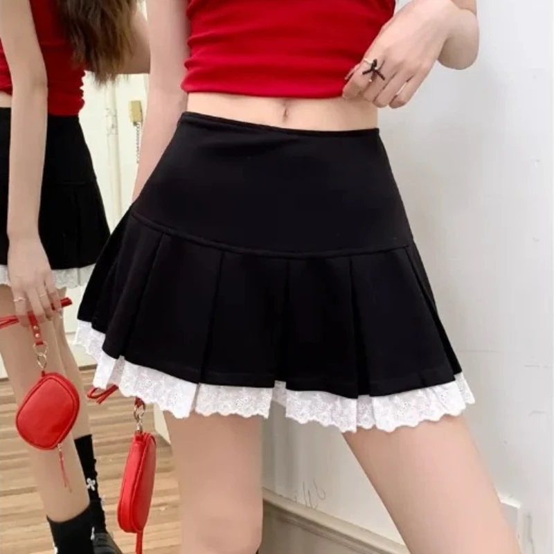 Eyelet Lace Pleated Mini Skirt with Safety Shorts Women Skater Skirt with Lace Hem MiniSkirt Coquette Y2K Preppy Academia