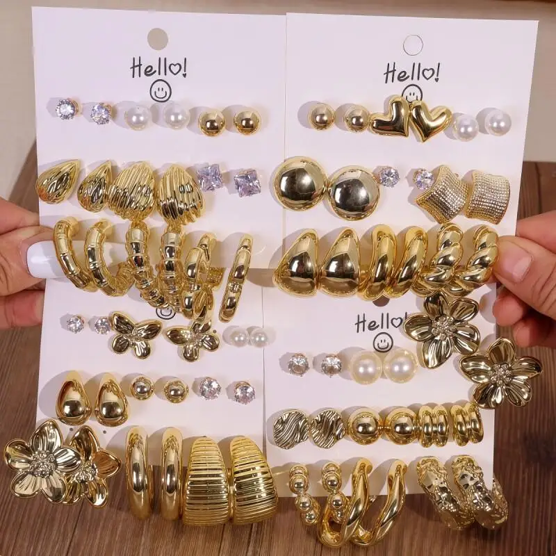 Fashion Golden Earrings Set for Women, Pearl Look Stud Hoop Statement Earrings Multipack for Daily Wear Party Gift