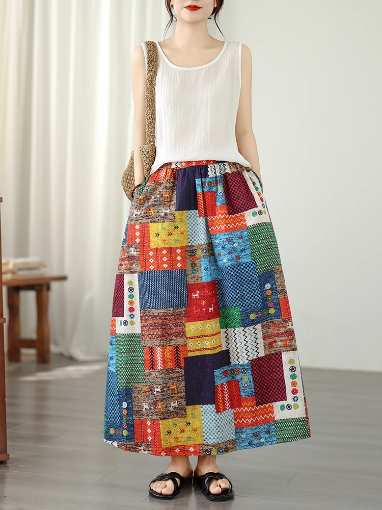

Summer 2026 plus Size Midi Skirt with Elastic Waist And Large Flounce in Bright Colors And Plaid A-Line Long Skirt for Women