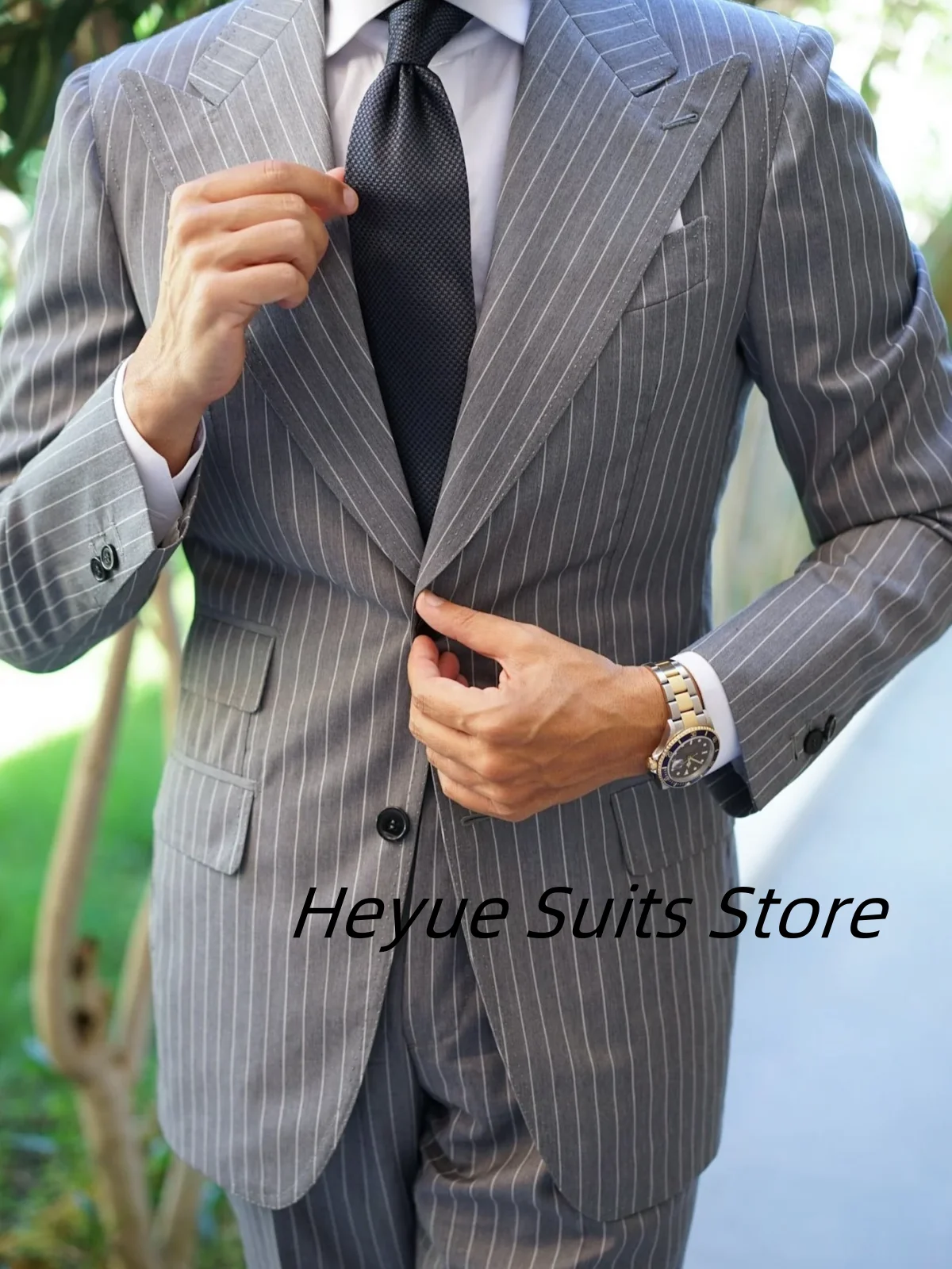 Classic Handsome Stripe Male Prom Blazers Customized Peak Lapel Slim Man Tuxedos High-qublity 2 Pieces Sets Elegant Costume Homm