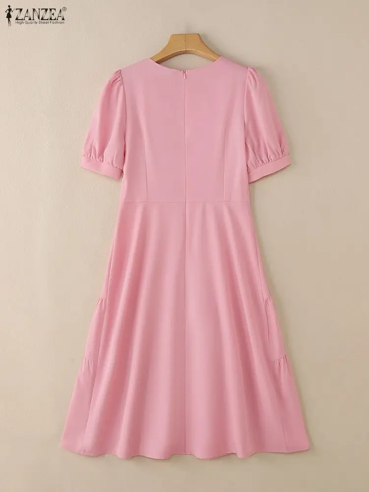 Zanzea elegante chique feminino em camadas midi vestidos tecido flor detalhada o pescoço manga curta puff cor sólida a linha vestido mulher