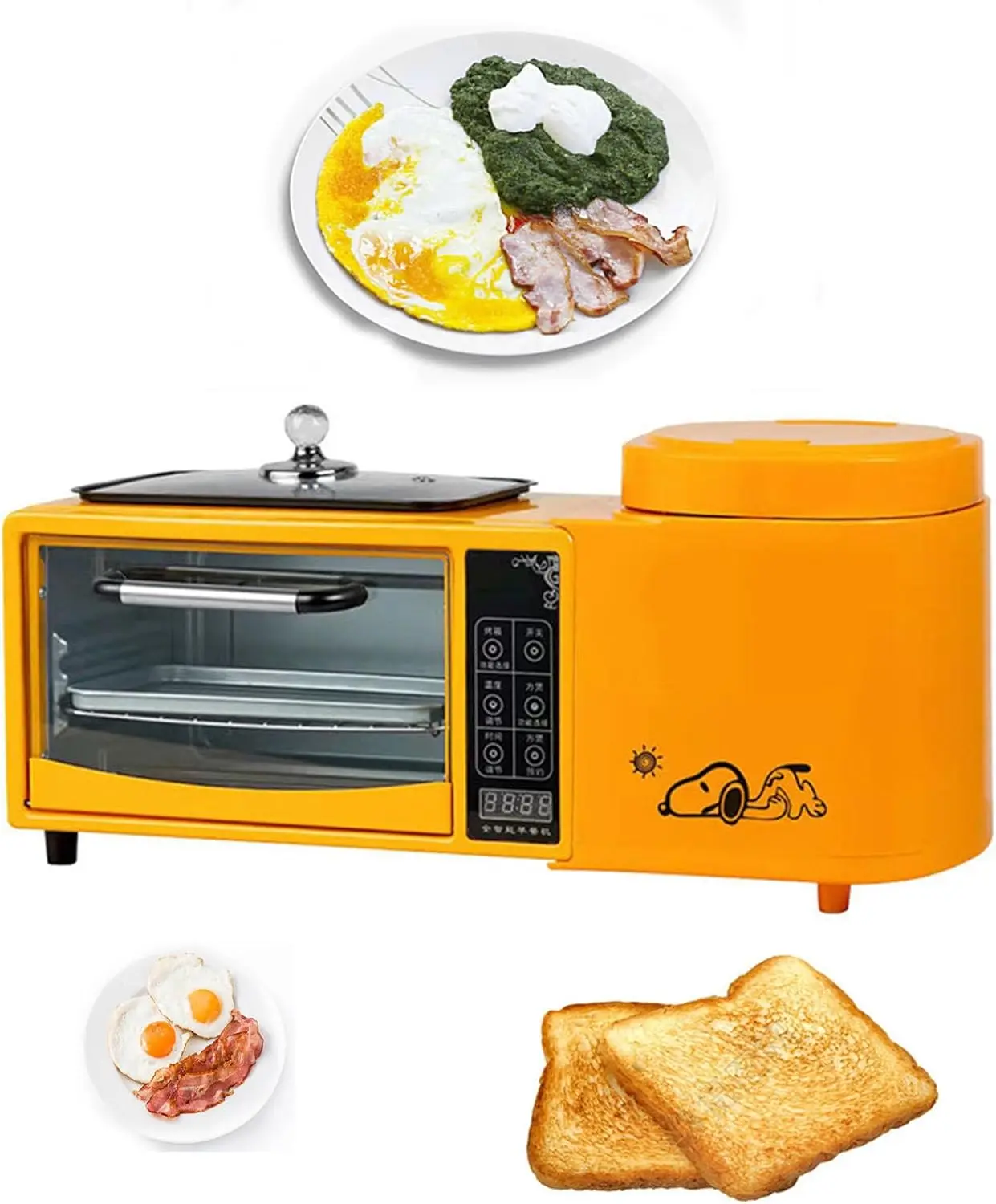 محطة الإفطار، ماكينة الإفطار متعددة الوظائف 4 في 1، مع وعاء طبخ سعة 1 لتر، مقلاة غير لاصقة، محمصة خبز كهربائية سعة 9 لتر للإفطار M