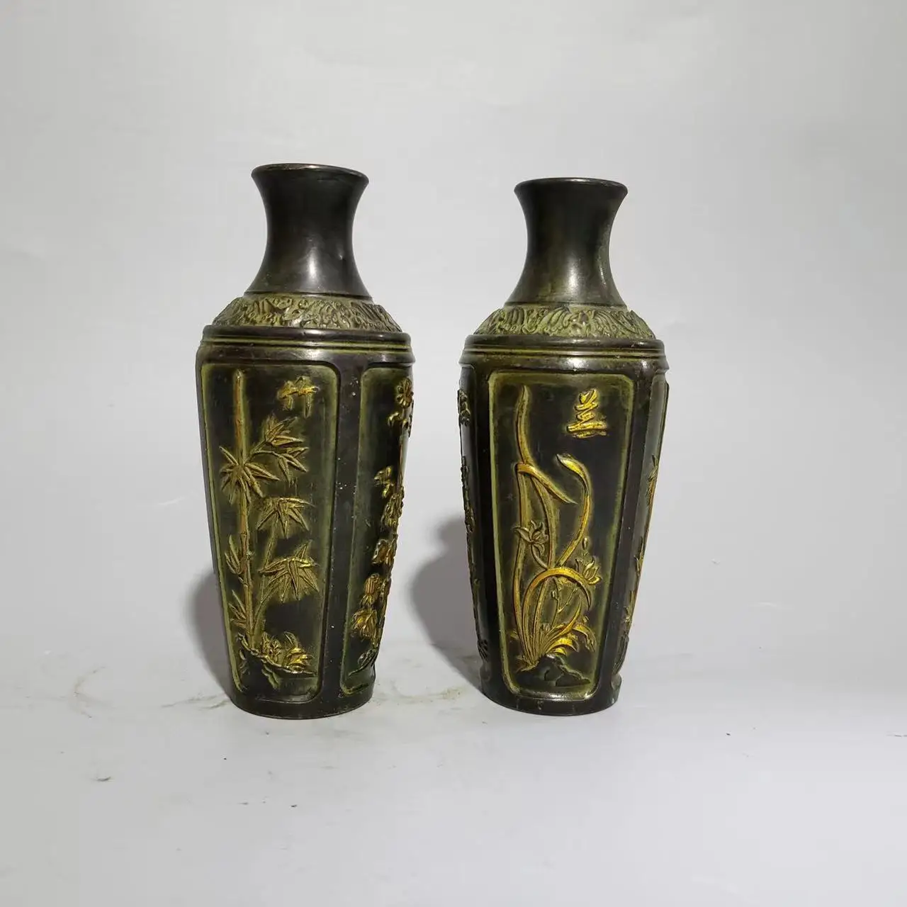 Antique QtngDynasty bronze vase,Orchid & Bamboo,#02,A Pair,Hand-painted crafts,Collection&Adornment,A PAIR,Free shipping