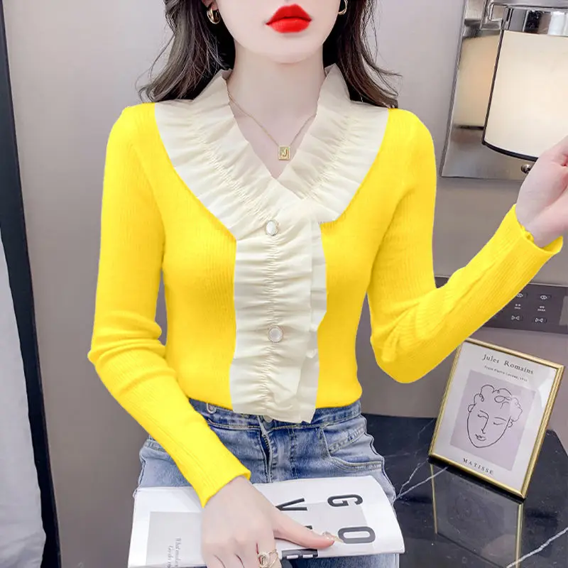 

Autumn Winter Casual Fashion Ruffles Patchwork Slim Sweater Female Long Sleeve All-match Jumpers Women's Pullover Knitting Tops