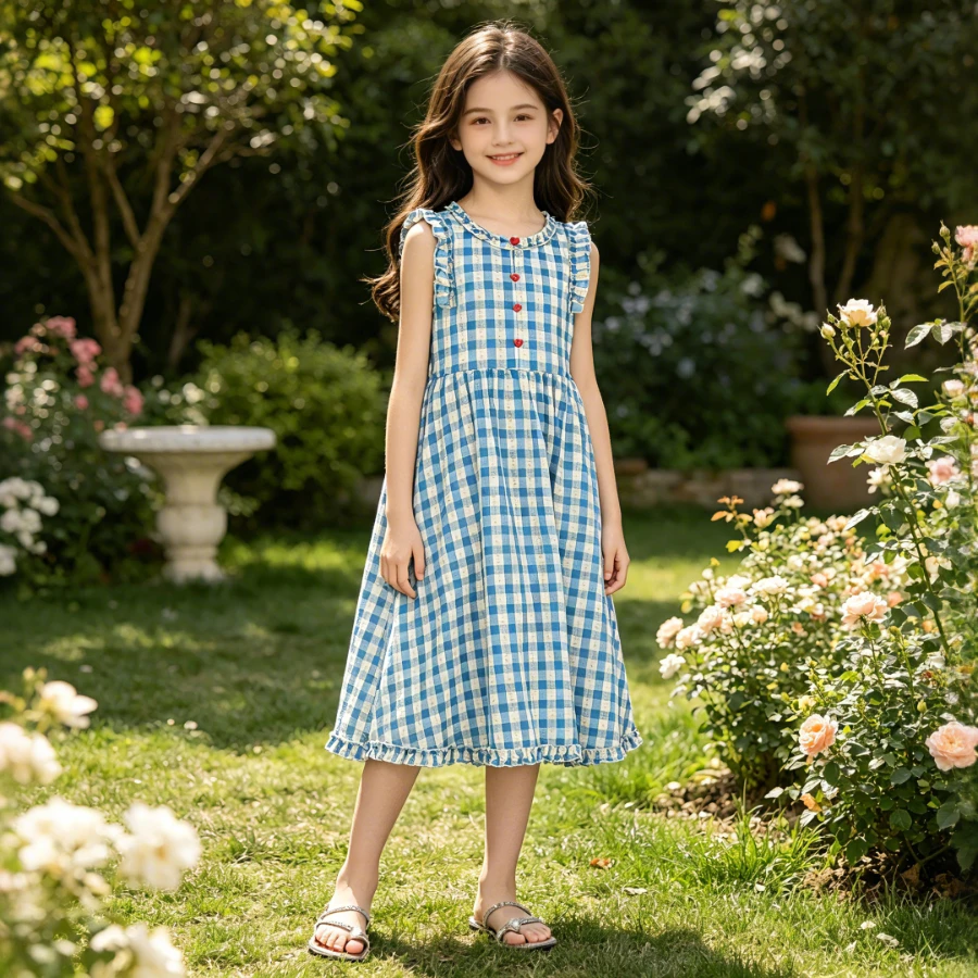 

Girls Blue Check Sleeveless Dress Ruffle Trim Heart Buttons Midi Length for Daily Wear Casual Outings Summer Sweet Kids Dress