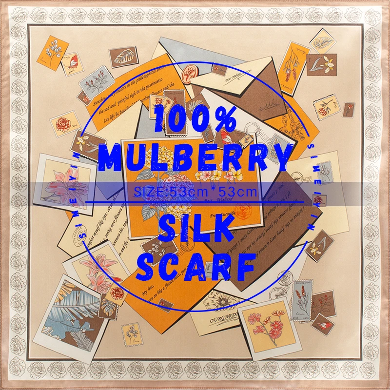 

Women 100% Mulberry Silk Square Scarf 53cm Vintage Envelope Stamp Print Soft Neckerchief for Office Commute Daily Party
