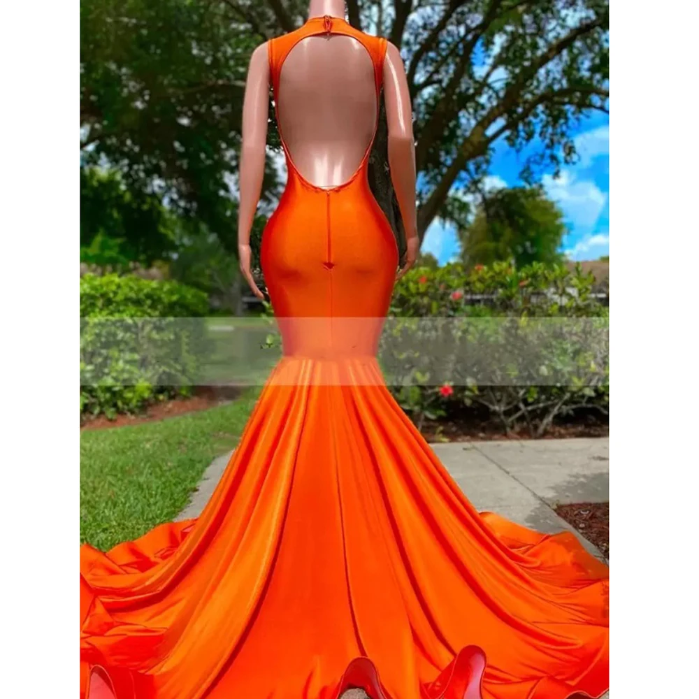 Vestido de noche Sexy con espalda descubierta y cuello en V profundo, vestido de sirena de lujo con cuentas y lentejuelas, satén naranja sin mangas, dobladillo con volantes, fiesta de celebridades