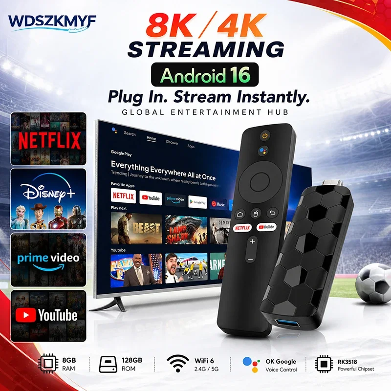 Android 16 TV Stick 4/8K UHD Video Support Dual Band WiFi6 Bluetooth Voice Remote for Netflix YouTube Fast Streaming TV Box