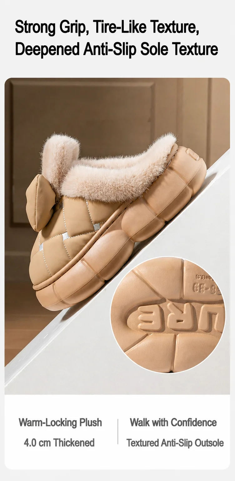 Winterliche, dicke Hausschuhe mit Plateausohle für Damen und Herren, 4 cm, weiche Sohle, flauschig, mit Schleife, warme Baumwollschuhe, rutschfest, für den Innenbereich, Freizeit- und Hausschuhe. – Detail 9
