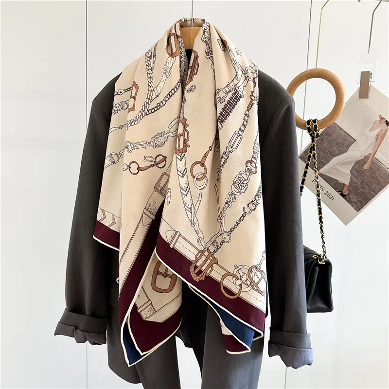 Womens Winter Wool Blanket Scarf Shawl 2024 Double Sided Printing Ladies Winter Warm Scarves Wraps Poncho 135x135CM