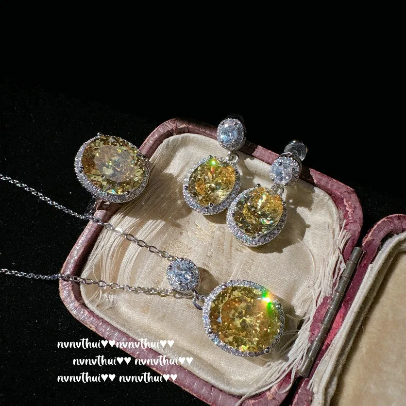 2024 Sparkling Oval Yellow Cubic Zirconia Silver Jewelry Set for Women Fashion Exquisite Wedding Bride Necklace/Earrings/Ring