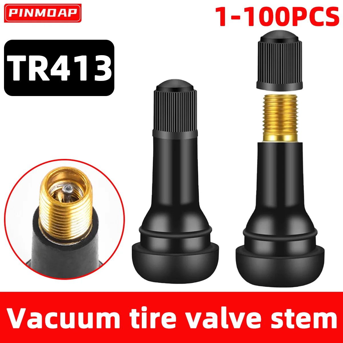 PINMOAP Válvula de vacío para neumáticos TR413, válvula de goma negra y válvula de aleación, válvula de neumático de automóvil, boquilla de vacío para neumáticos de motocicleta