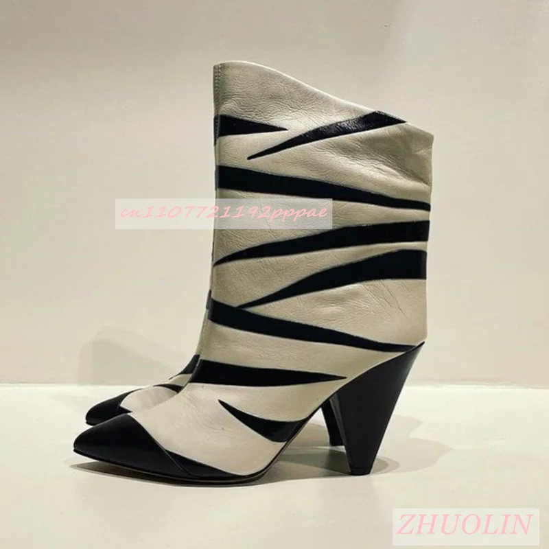 Black And White Splicing Striped Short Boots Pointed Cone Heel Slip-On Straight Boots Fashion Simple Party Catwalk Women'S Boots
