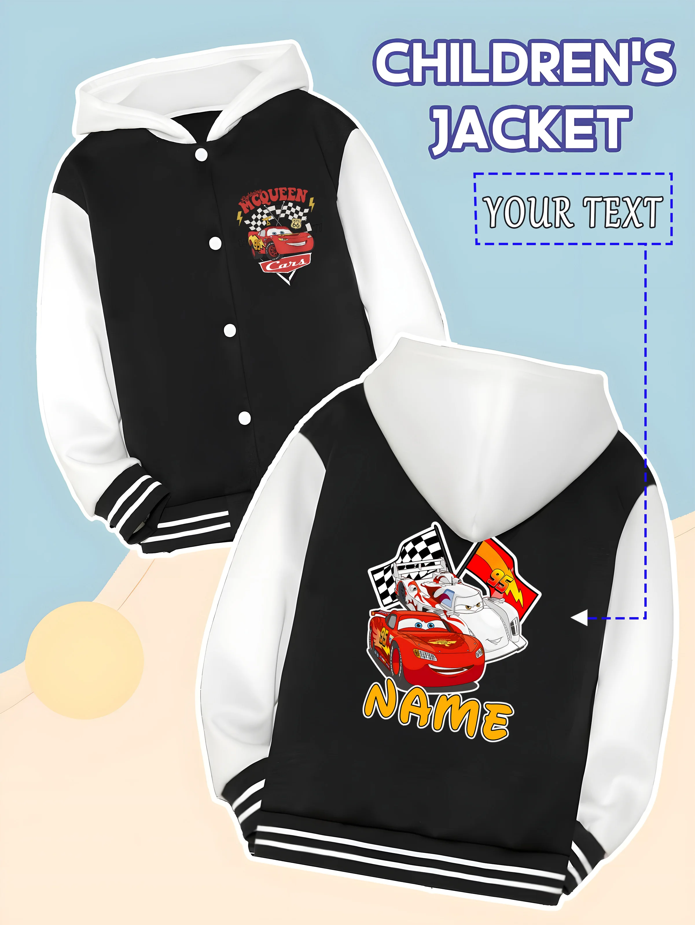 

MINISO Disney Boys Baseball Jacket - Lightning McQueen Flag Combination, a large collection of racing elements, perfect for them