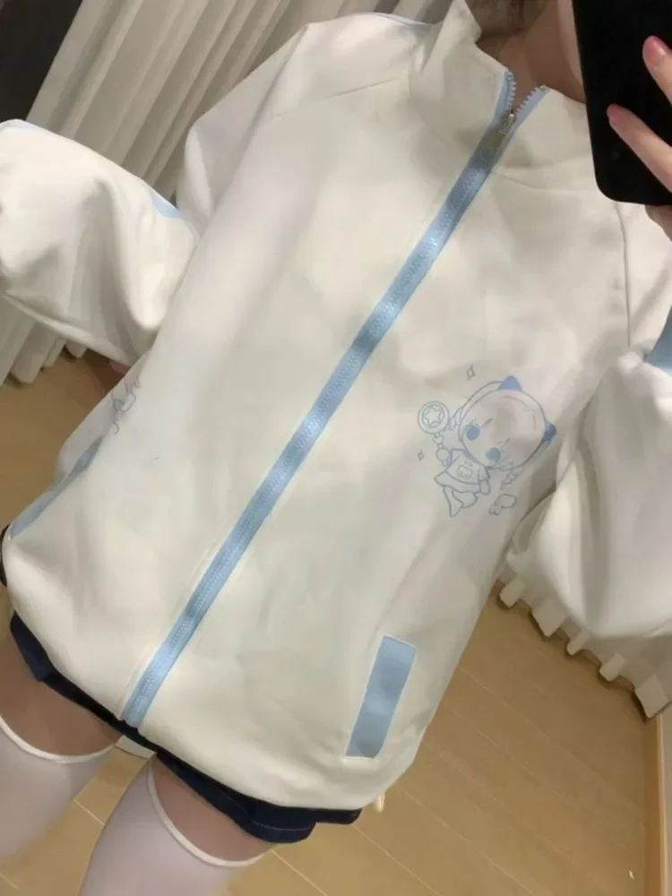 الخريف اليابانية الكرتون الطباعة معاطف غير رسمية المرأة فضفاضة Y2k الجمالية المرقعة جاكيتات المتضخم Harajuku الوقوف الرقبة سترة