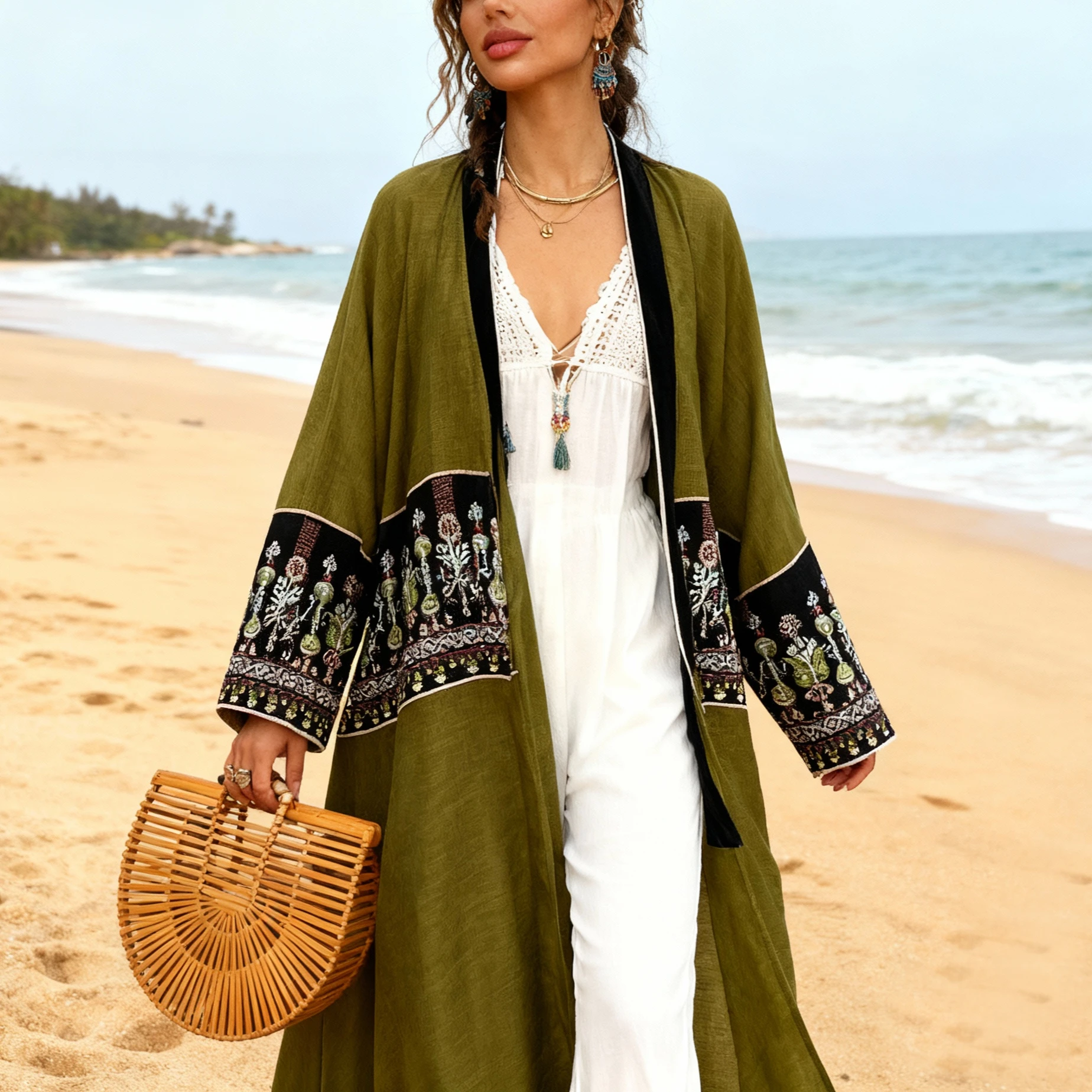 

Пляжное бикини длиной до пола в стиле бохо, накидки, этнический кафтан, кимоно с цветочной вышивкой, кардиган с длинными рукавами, повседневное женское платье-халат