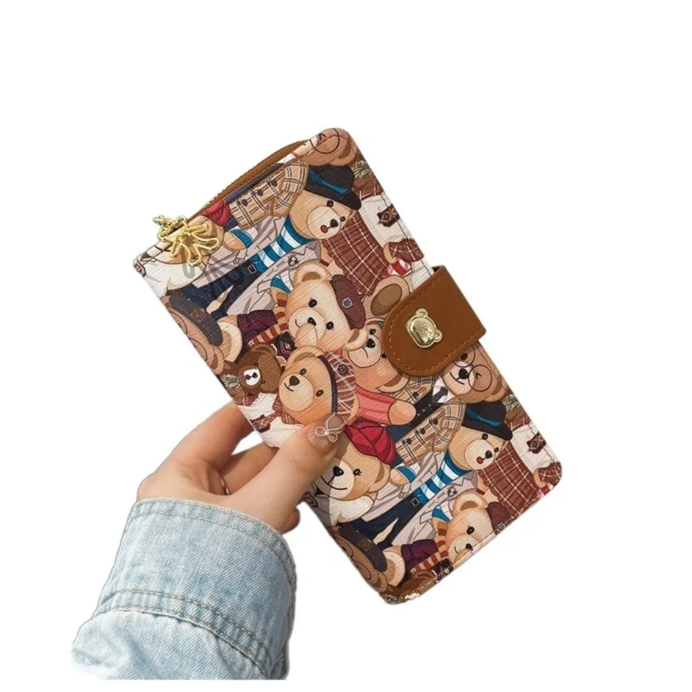 Cartoon Print Pattern Bear Wallet Portable Buckle Integrated Design Multi Functional Wallet Dual Style Soft Surface Texture