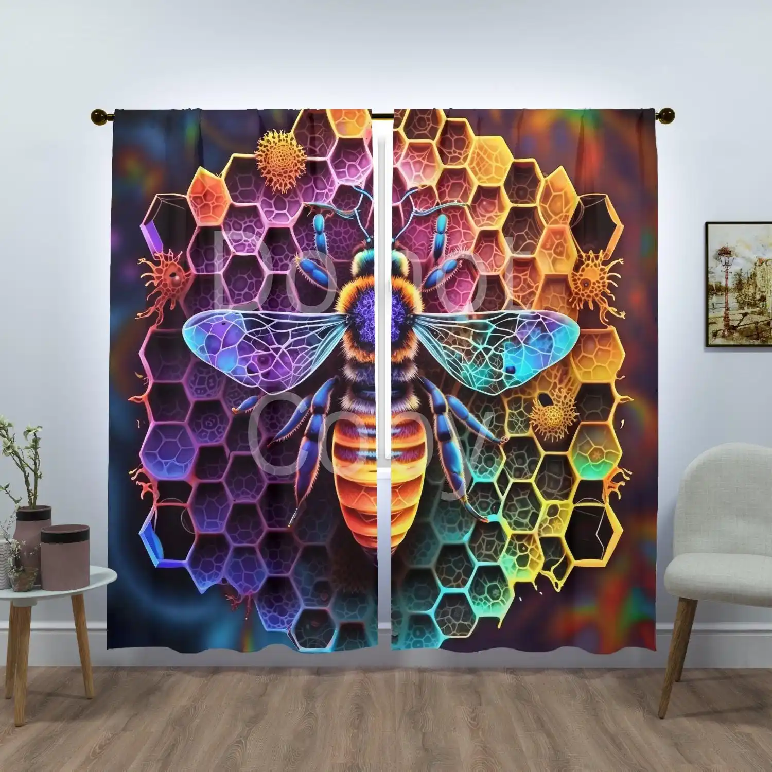 Vibrant Honeycomb Bee Art Window Curtain Modern Hexagon Pattern Living Room Home Decor Sunlight Filter