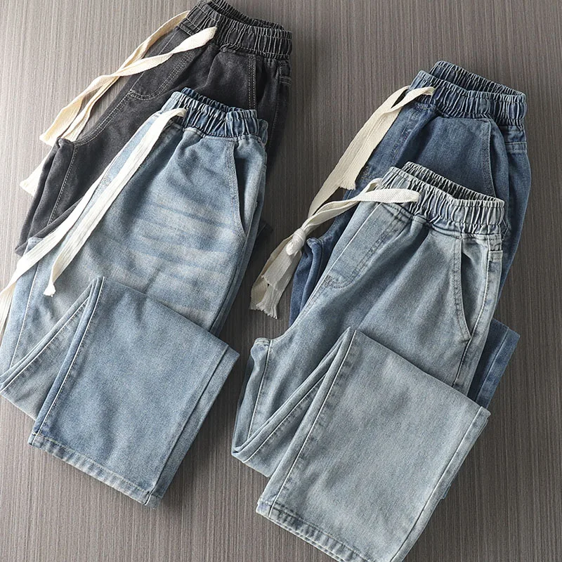 

Мужские джинсы в стиле ретро с эластичным поясом на шнурке, свободные прямые брюки с широкими штанинами, модные повседневные длинные брюки для весны и осени