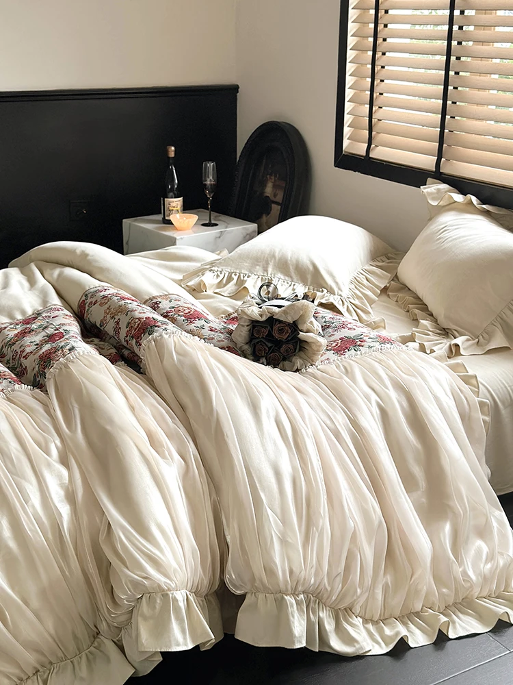 French Cream White Floral Jacquard Duvet Cover Set, Princess Ruffled 100% Cotton Bedclothes, Satin Bedding Set with Ruffle Edges