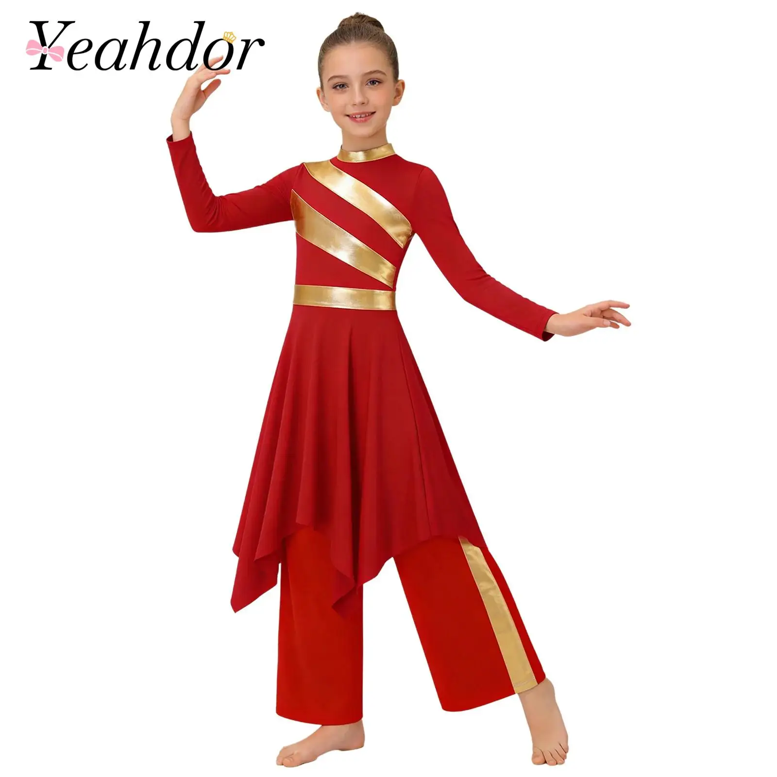 Kids Worship Praise Dress Lyrical Liturgical Dance Costume Tunic Irregular Hem Overlays Modern Dance Dress with Wide-Leg Pants