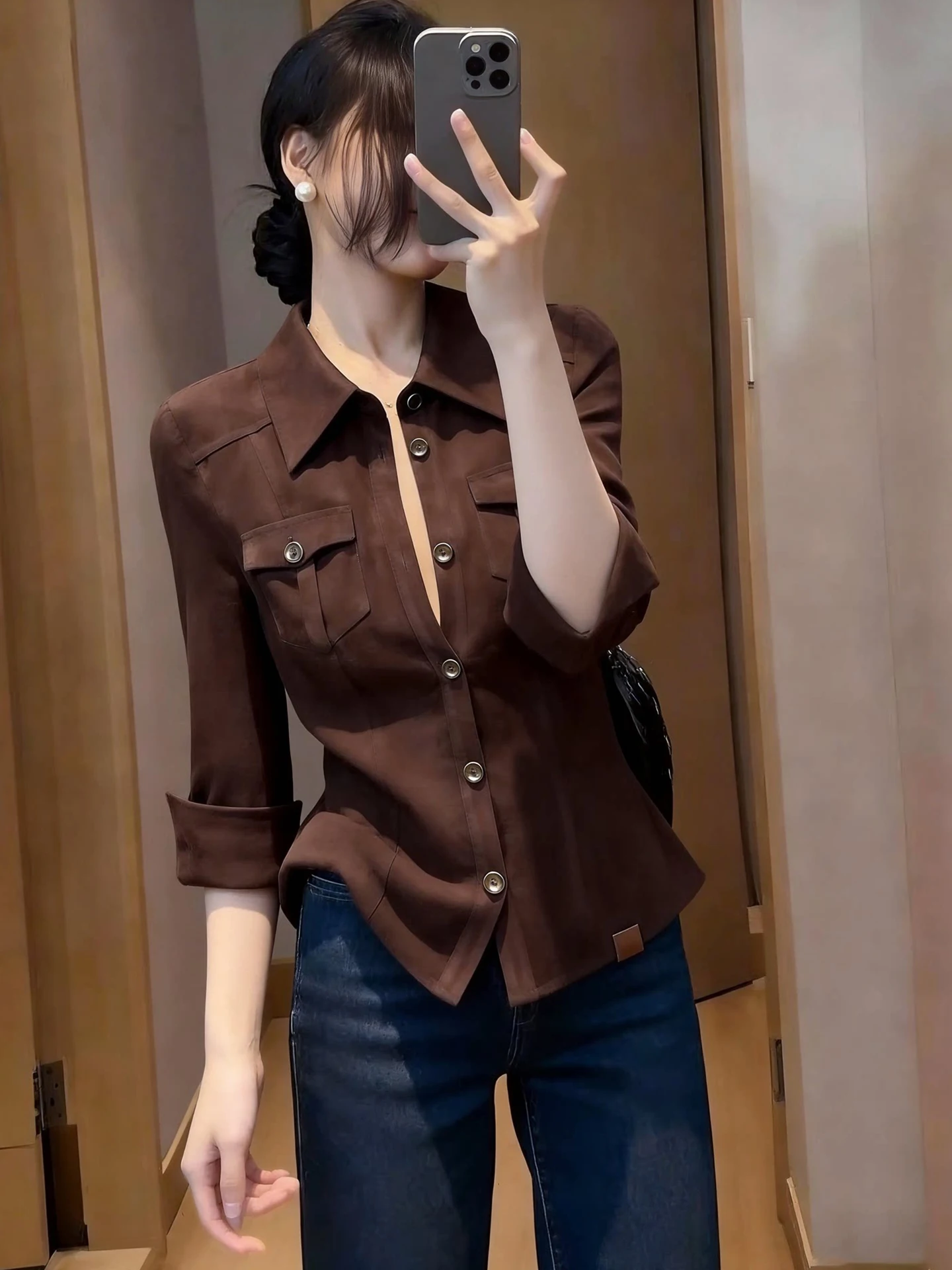 

Chic Slimming Long Sleeve Shirt Single Button Versatile Commute Fashionable Korean Style Straight Cut Spring Season Ladies' B...