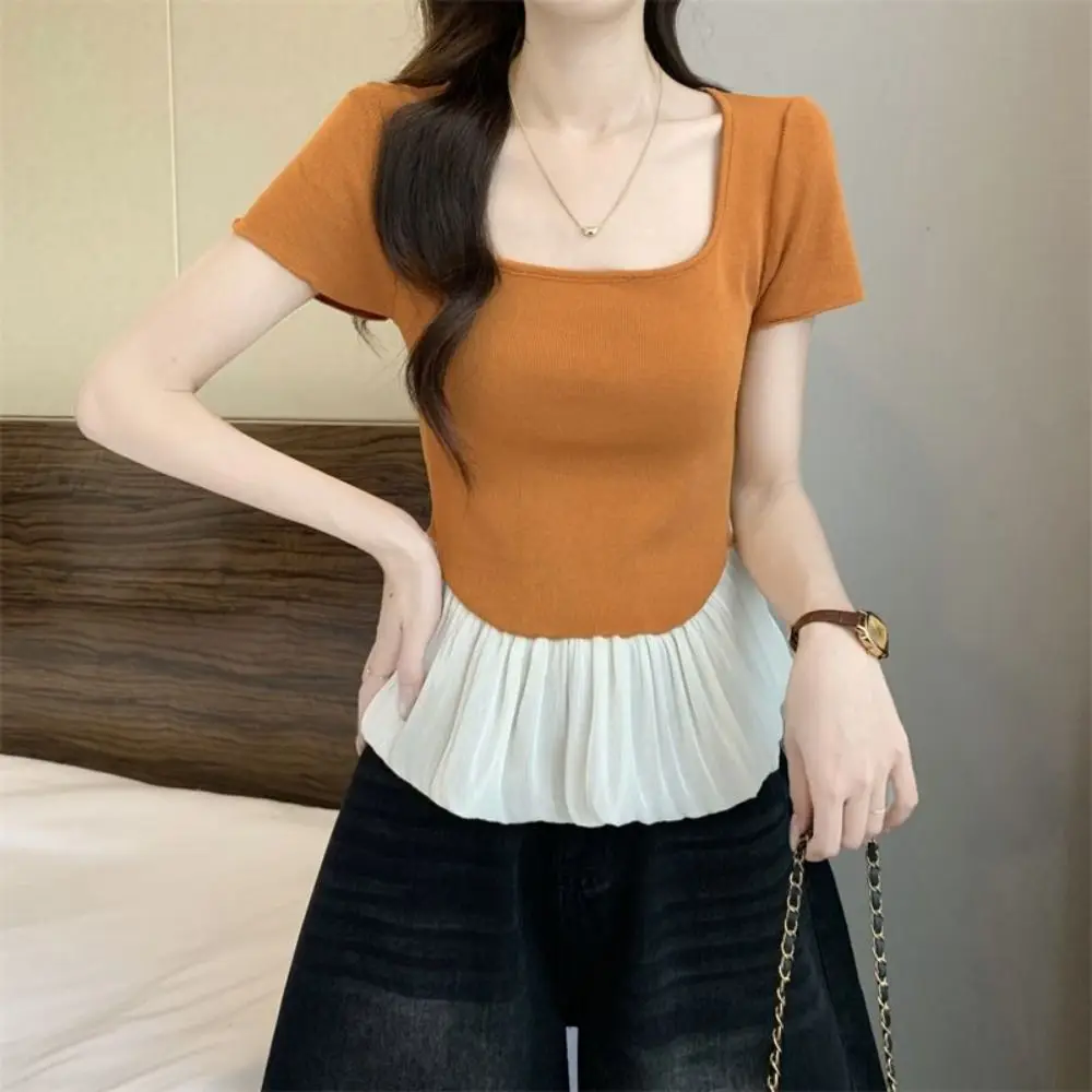 

Ins Style Short Sleeve Summer Knitted T-Shirt Slim Fit U-neck Sweet Crop Tops Korean Style Patchwork Mesh Ruffle T-Shirt Girls