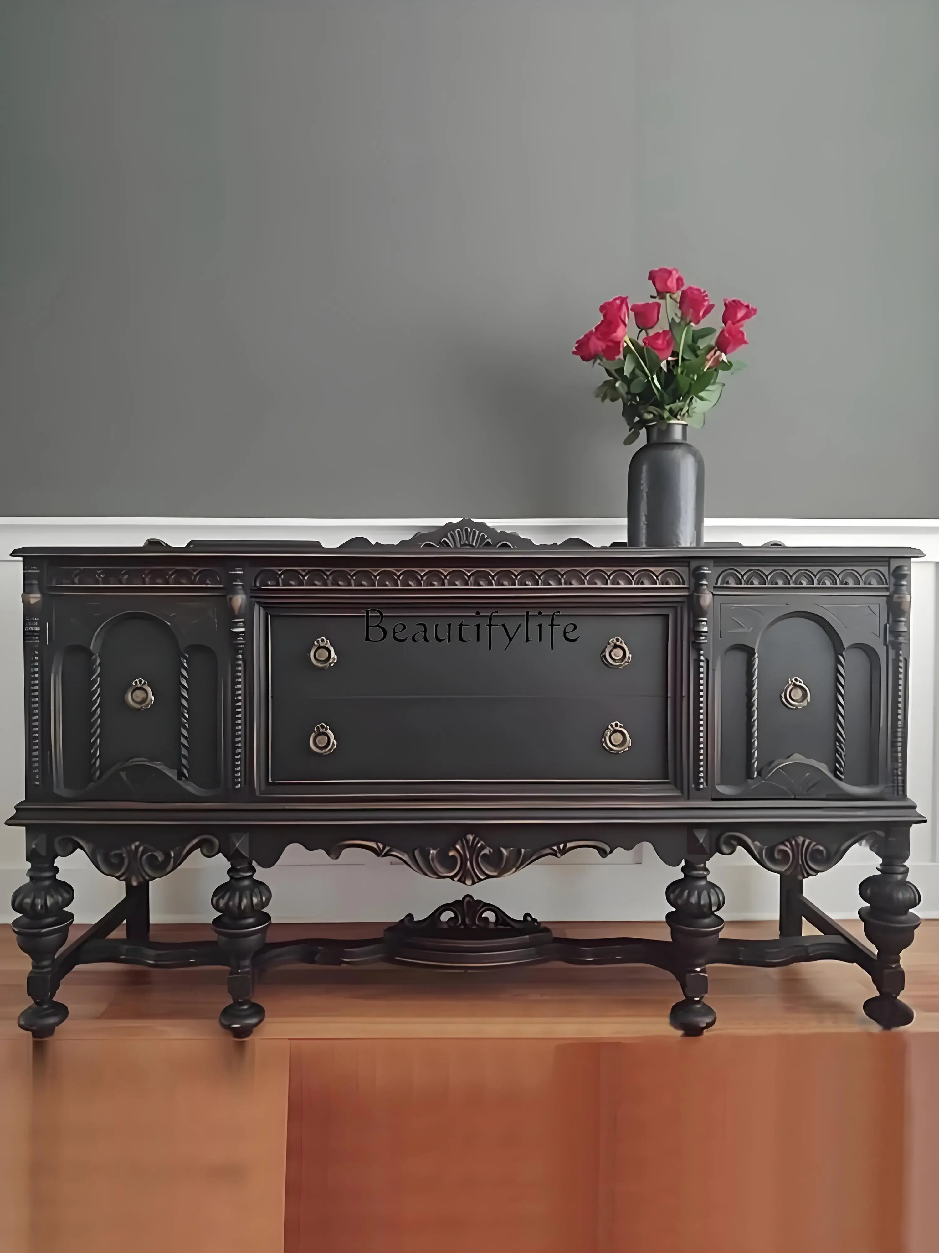 

yj15 French Retro Solid Wood Entryway Cabinet Hallway Wall Decoration European Style Living Room Carved Storage Cabinet