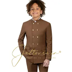 African Style Boys Suit Jacket Pants 2 Piece Double Breasted Stand Collar Blazer Kids Wedding Tuxedo Formal Clothes 2-16 Years