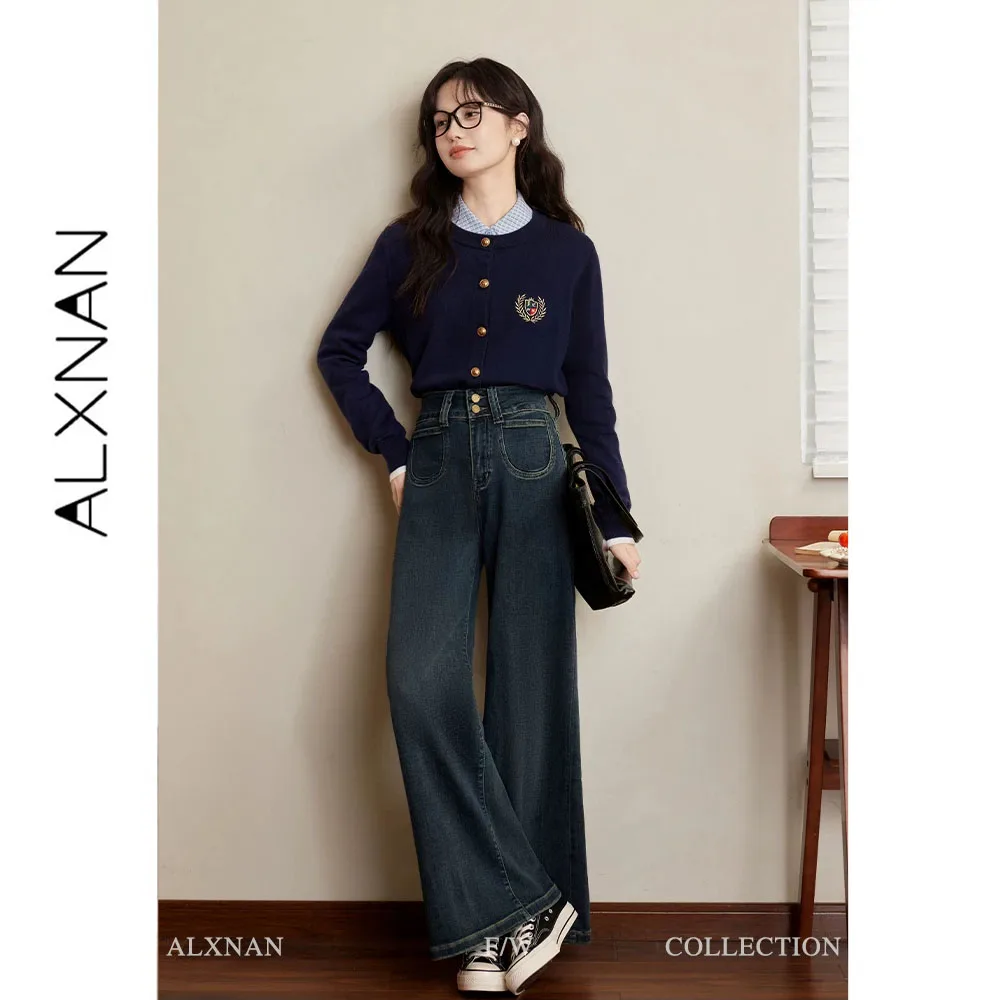 ALXNAN Plus Size Women's Jeans Vintage Basics Blue Denim Jeans Winter High Waist Straight Wide-leg Baggy Pants Female D072017