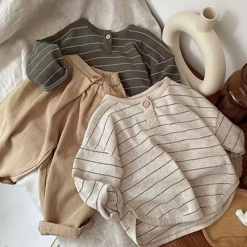 Children's Clothing Boys' And Girls' Tops Cotton T Shirt For Kids Base Layer Asian Style Distressed Long Sleeve Plain Color