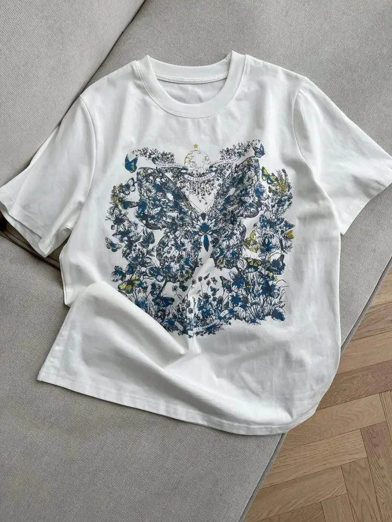 Korean Elegant Floral Butterfly Printing T-shirt Pure Cotton Summer Short Sleeve Tops Loose High Street Ladies Sweet Tees Basic