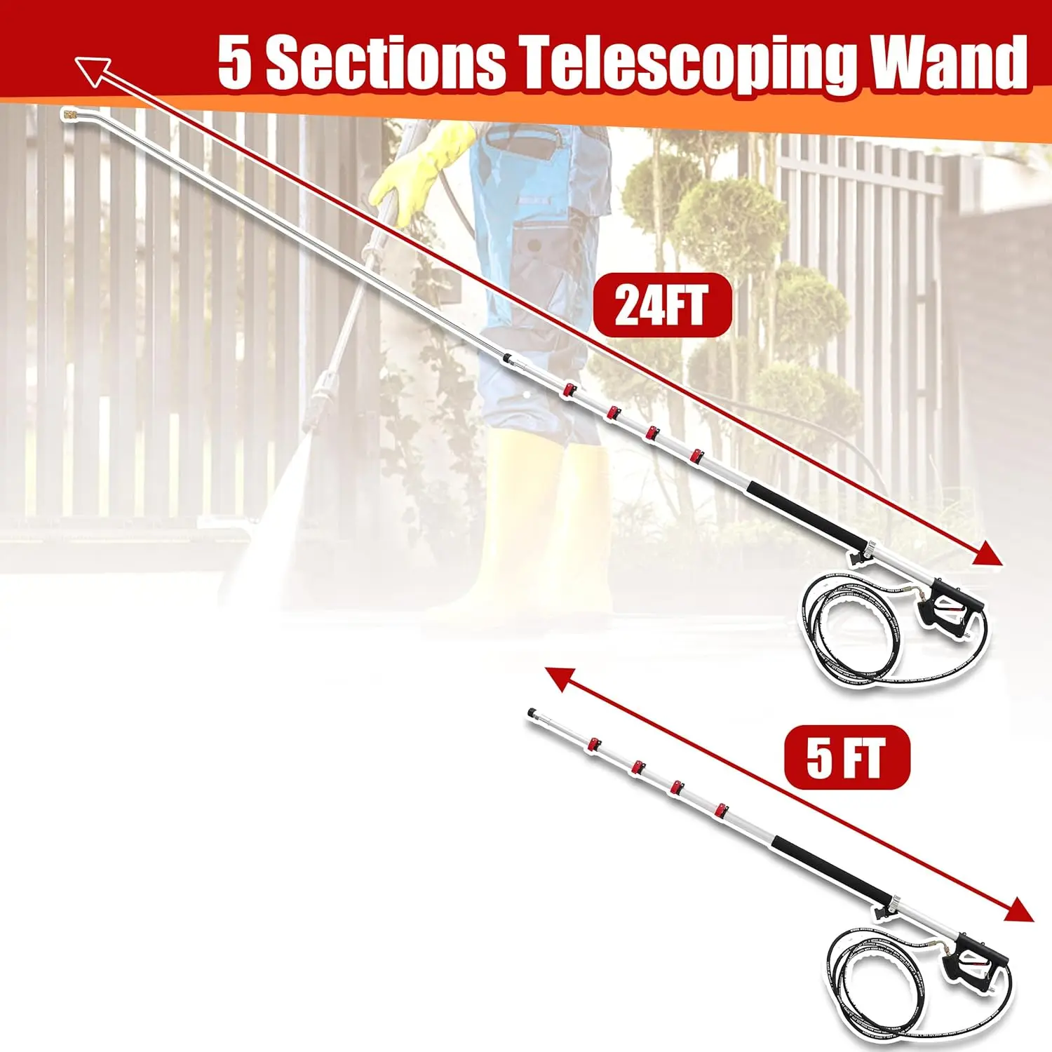 24피트 텔레스코핑 고압 세척기 완드, 3개의 곡선 완드, 7개의 노즐 팁, 조절 가능한 벨트 및 어댑터 포함, 고도 청소용