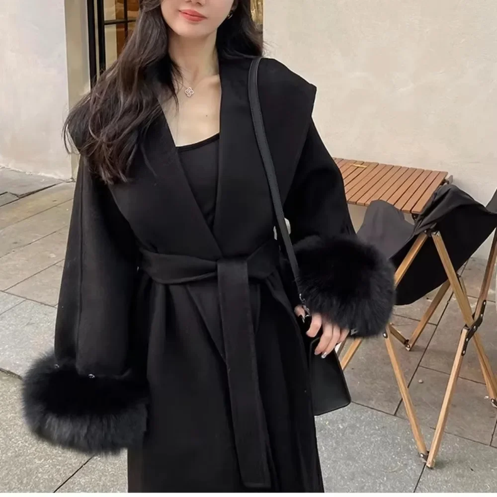 Donne Nuovo Grande Risvolto Lungo Pelliccia di Volpe Giacca di Lana Double-sided Cappotto di Cachemire Femminile Reale Cappotto di Pelliccia di Volpe Giacca di Lana 2024 Inverno Nuovo