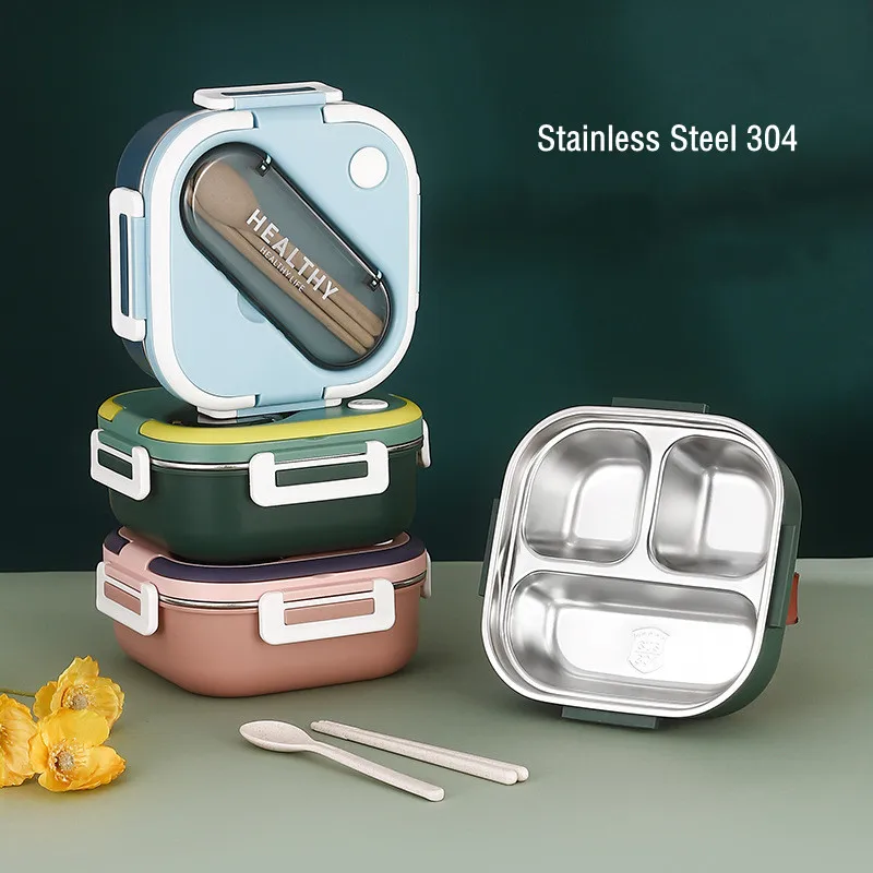 1300ML Stainless Steel 304 Lunch Box With Bag Three Partitions Leak-Proof Thermal Bento Box Adult Student Food Container