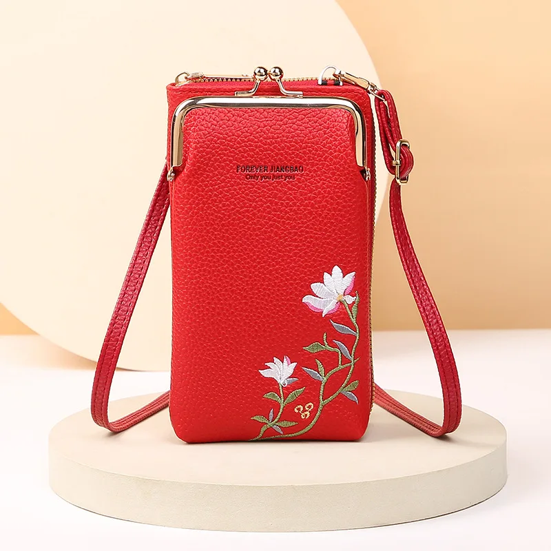 Women\'s Wallet Long Embroidered Mobile Phone bag Female Shoulder Straps Handbag Crossbody Bag  Coin Purses Cards Holder