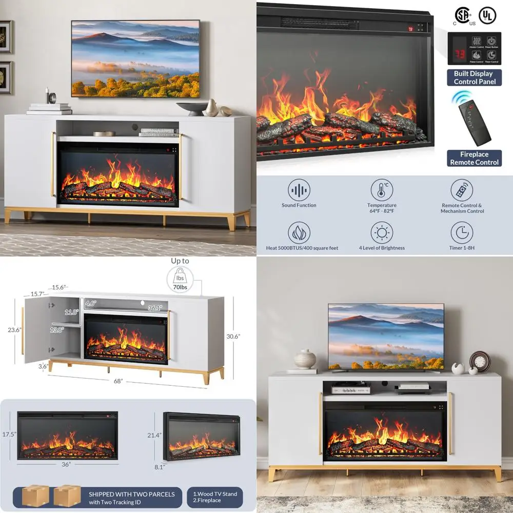 

68-inch TV Stand with 36-inch Electric Fireplace Heater, Sound System, Entertainment Center for TVs up to 75 inches, Console Tab