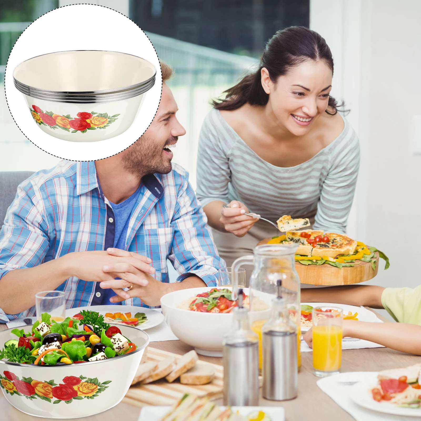 

4pcs Enamel Soup Bowl 1200Ml Vintage Retro Kitchen Enamelware Multi-Functional Cereal Rice Noodle Salad Fruit Bowl