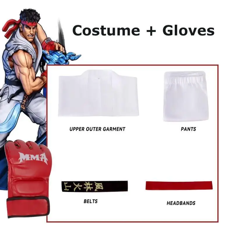 Anime  Street Fighter Ryu and Ken Cosplay Costume White and Red Martial Arts Uniform with Belt Men's Karate Outfit for Adults view 2