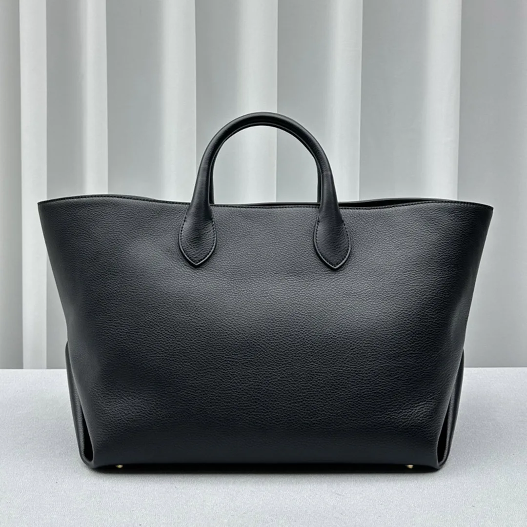 Genuine Calf Leather Tote Bag for Women Evnelope Pleat Large Handbag Black 52x27x33 cm