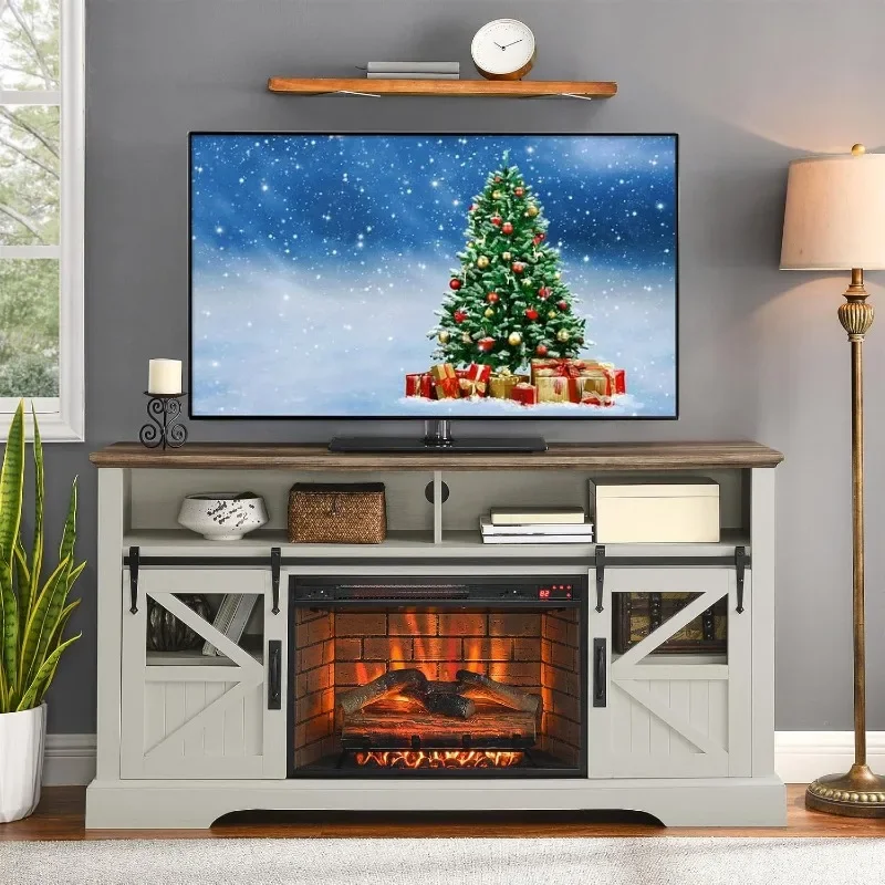 Fireplace TV Stand with 3D Flame Effect and Door Sensor - Entertainment Center with 26 inch Electric Fireplace