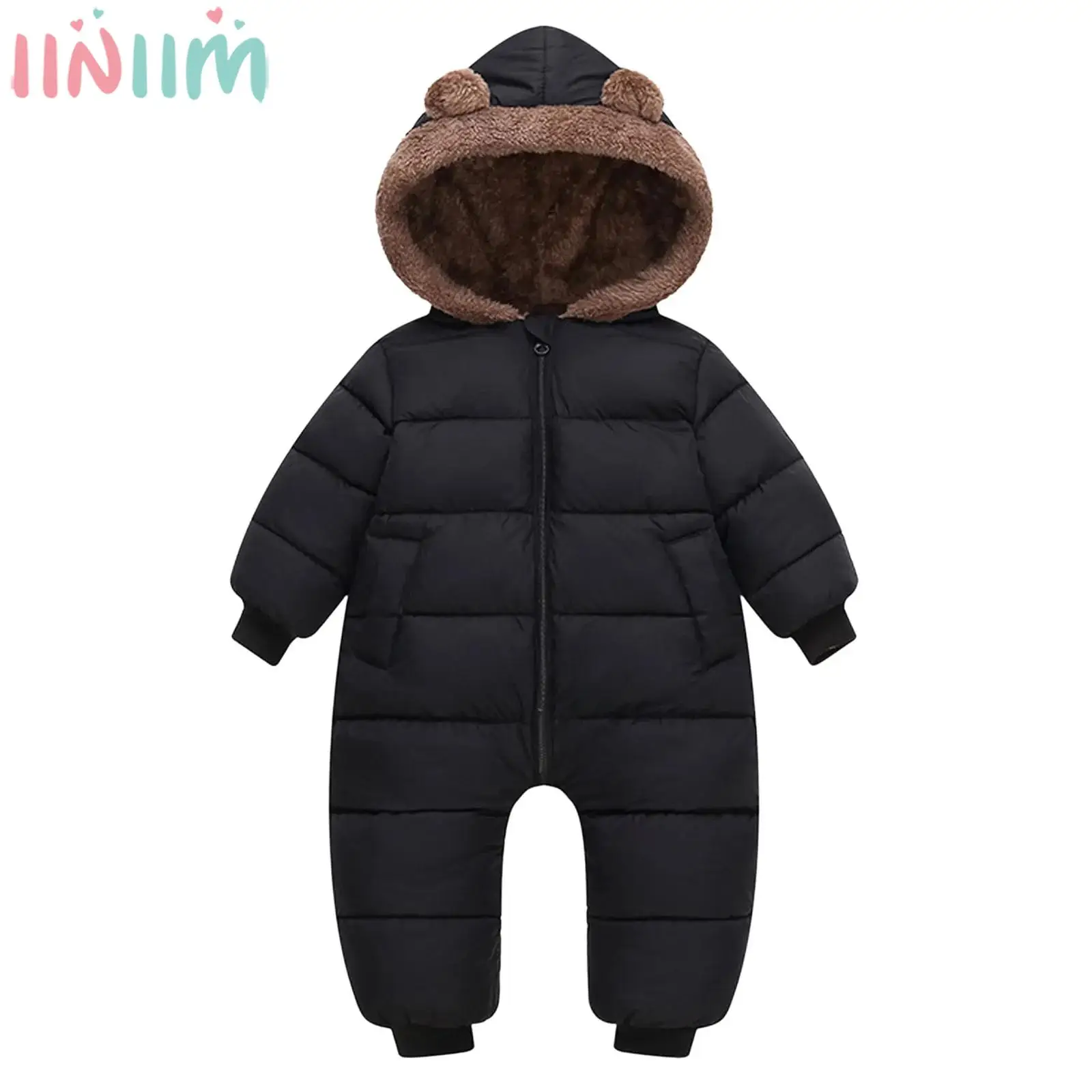 

Baby Boys Girls Warm Fleece-Lined Snowsuit Hooded Romper Winter Clothes Long Sleeve Zipper Thickened Thermal Jumpsuit Outerwear