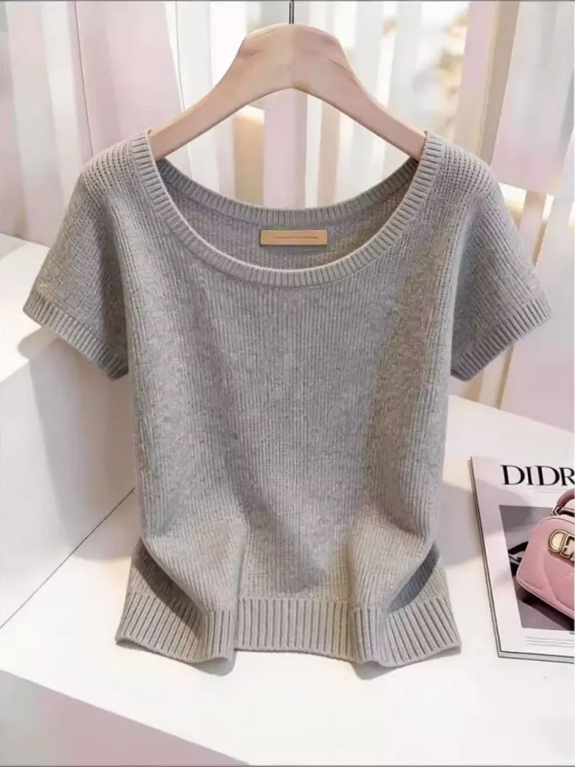 

Stunningly Beautiful Soft Lazy Style round Neck Short Sleeve Knitted Sweater Women Summer Elegance Simple Versatile Slimming Top