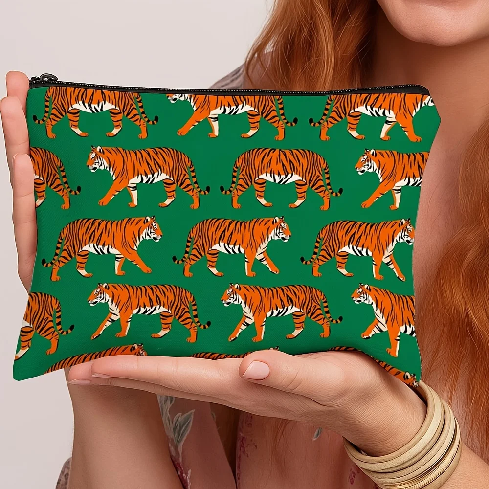 Tiger Pattern Makeup Bag Green Background Wild Animal Print Zipper Cosmetic Pouch Storage Bag Fashion Gift For Animal Lovers